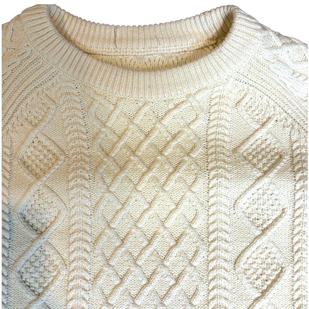 J. Crew Women's Ivory Cream Fisherman Sweater MEDIUM Cotton Cable Knit Crew Neck